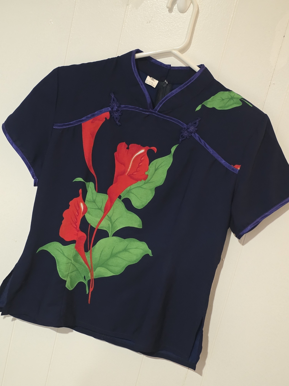 Navy Floral Short Sleeve Mandarin Top with Red & Green Print